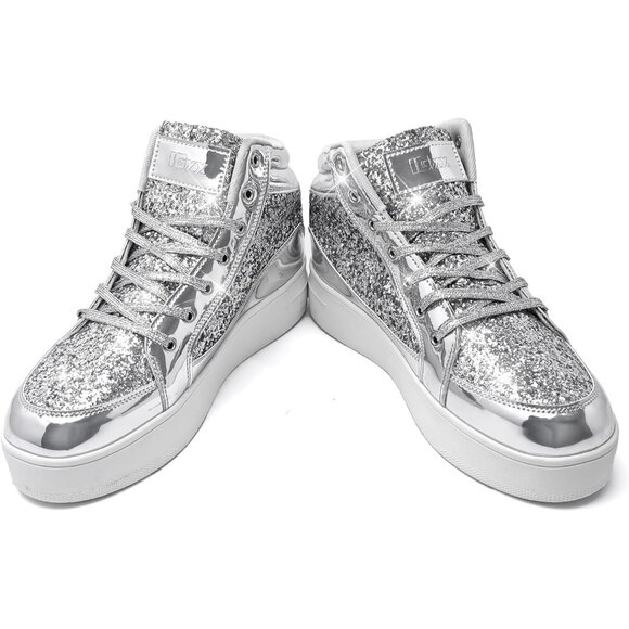 Women's Silver Shiny Glitter Sequin Shoes High Top Sneakers Fashion Bling - Picture 3 of 6